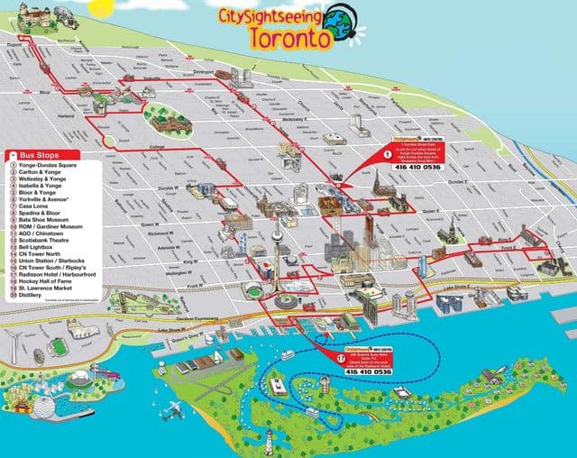 Toronto Hop On Hop Off mapa wycieczek autobusowych